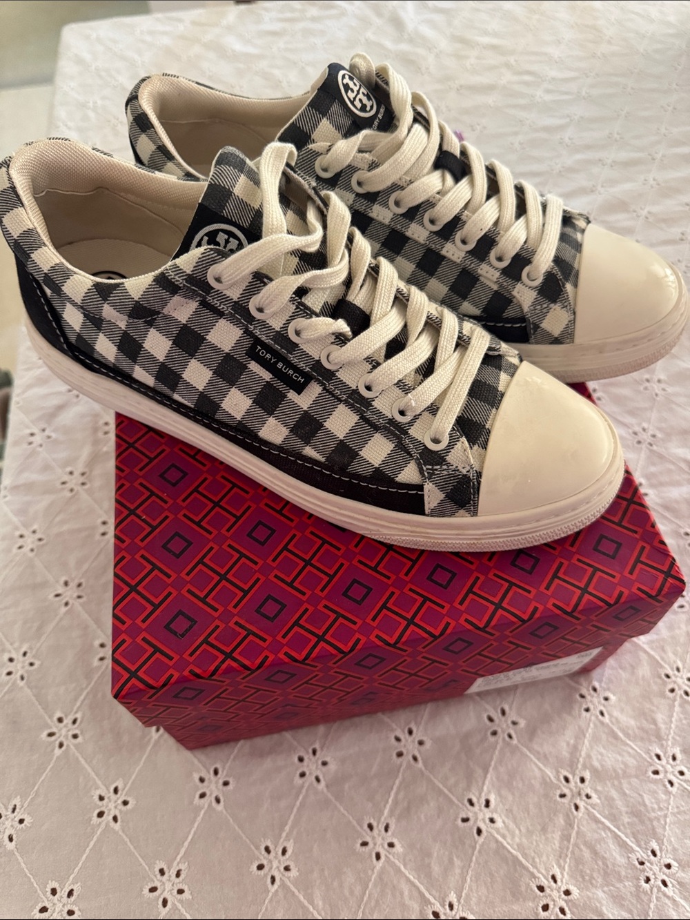 Tory Burch Black & White Gingham Low-Top Sneakers
